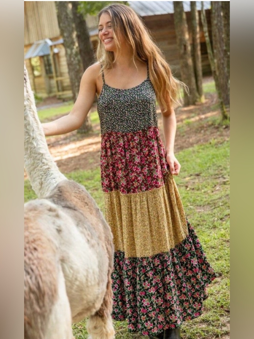 Natural Life Kaia Tiered Patchwork Maxi Dress Womens XS Floral Cottage Boho